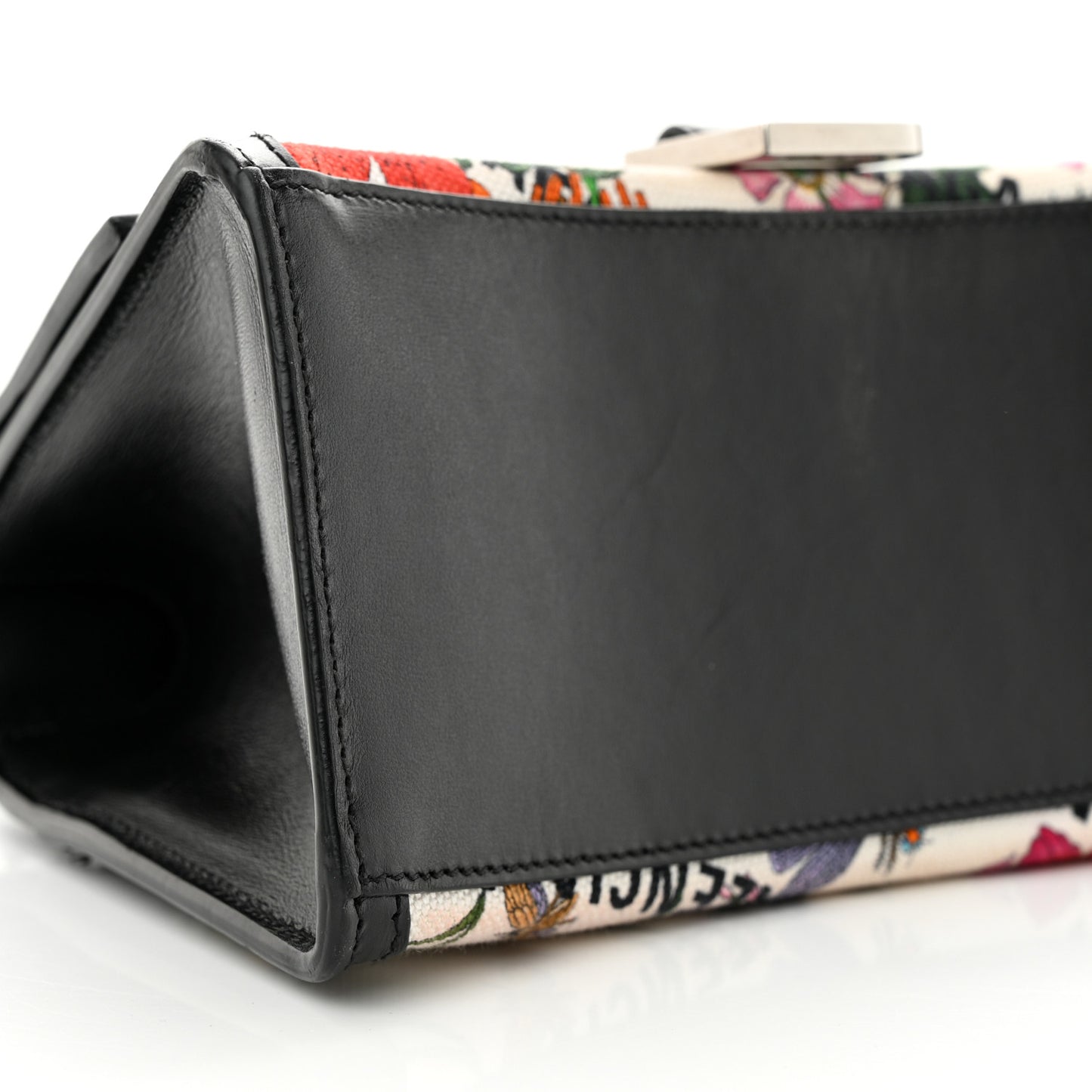 X GUCCI Canvas Boarded Plutone Calfskin Flora Logo Print Small Hourglass Top Handle Bag White Multicolor Black