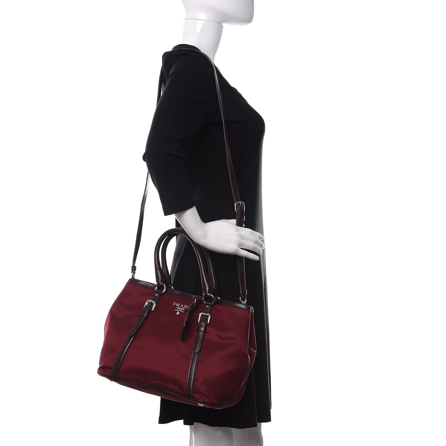 Prada Nylon Tessuto Soft Calf Tote Granato 2 of 10