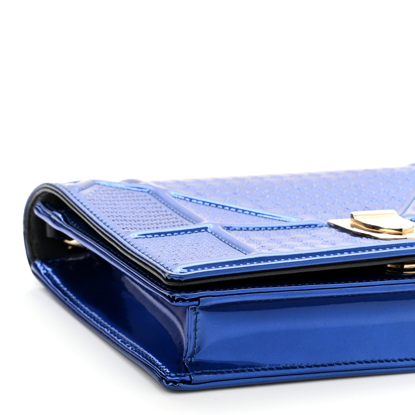 Metallic Patent Micro-Cannage Diorama Wallet on Chain Pouch Mirror Blue