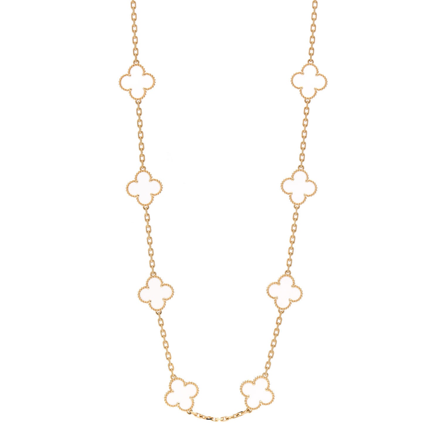 Van Cleef & Arpels 18K Yellow Gold Rock Crystal 20 Motifs Vintage Alhambra Necklace 1 of 7