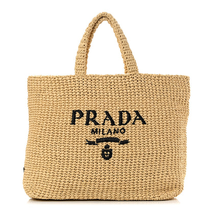 Prada Yarn Raffia Effect Crochet Embroidered Logo Tote Naturale 1 of 10