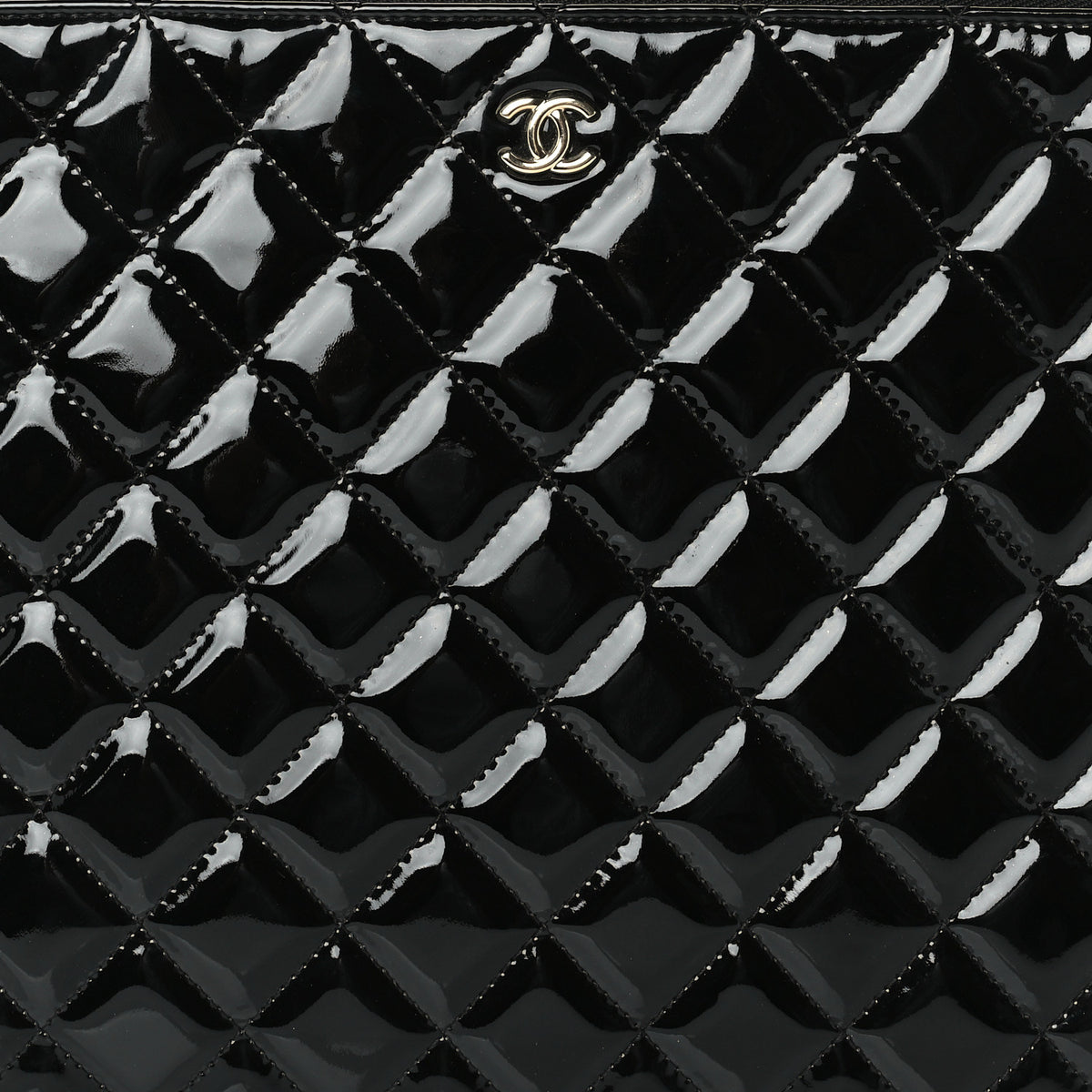 Patent Calfskin Quilted Large Zip Pouch Black