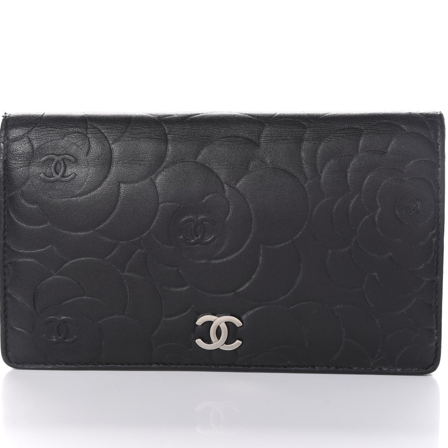 Lambskin Camellia Embossed Yen Wallet Black