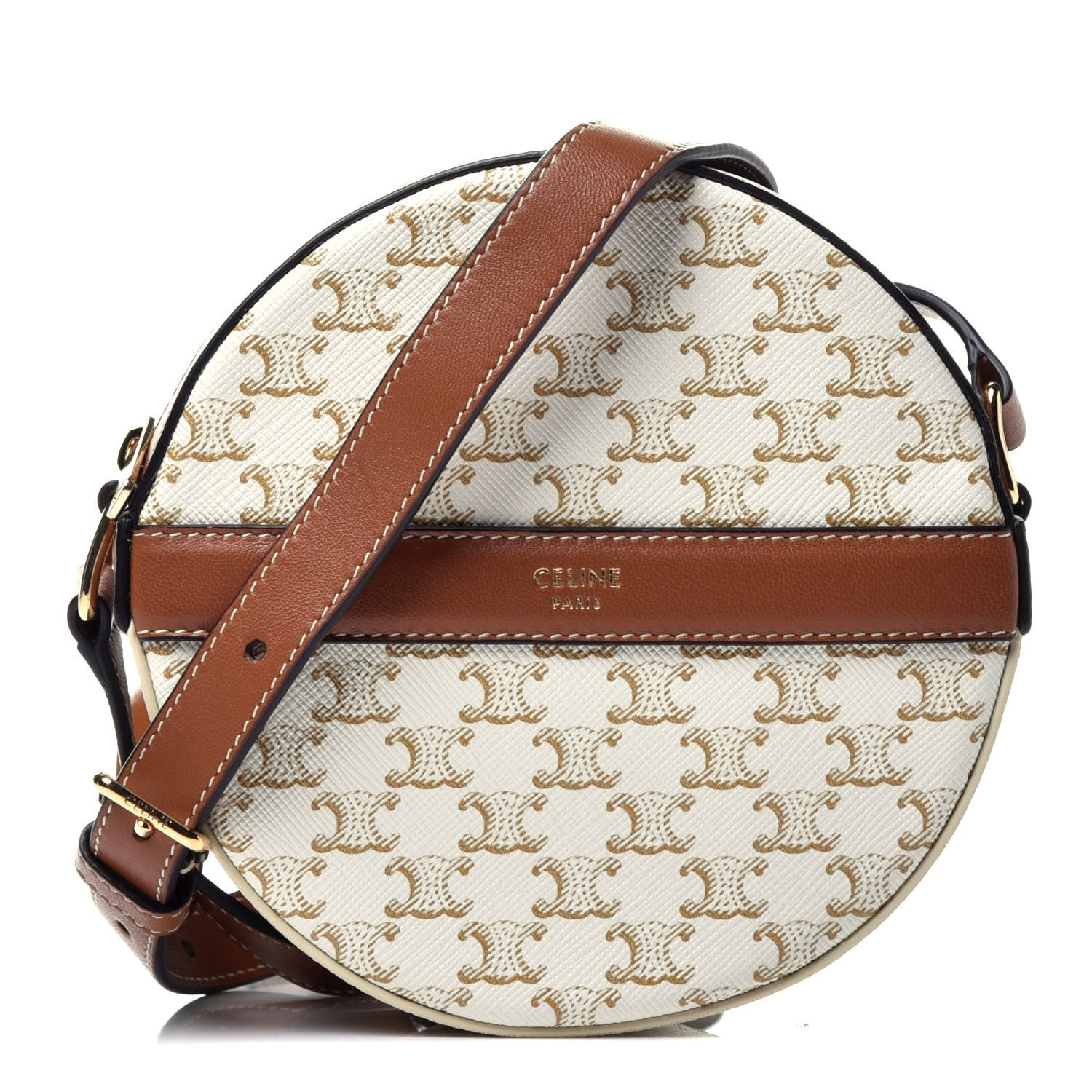 Celine Lambskin Triomphe Canvas Round Purse On Strap White Tan 1 of 9