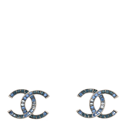 Chanel Crystal Baguette CC Earrings Silver Blue 1 of 4