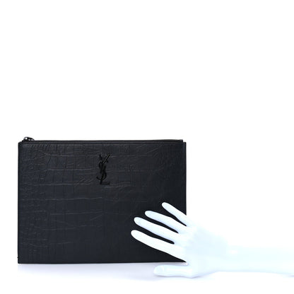 Saint Laurent Calfskin Crocodile Embossed Tablet Pouch  Black 2 of 7