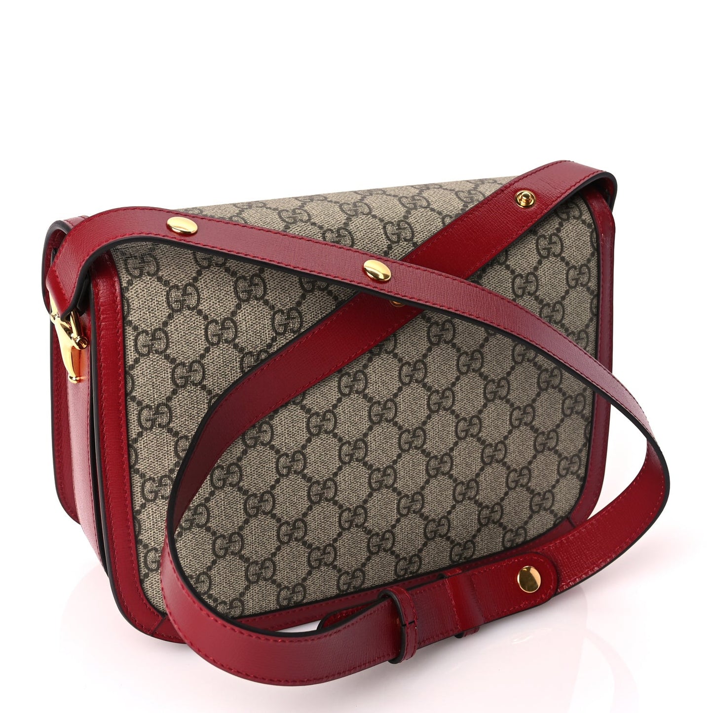 GG Supreme Monogram Azalea Calfskin Horsebit 1955 Shoulder Bag Beige Ebony New Cherry Red