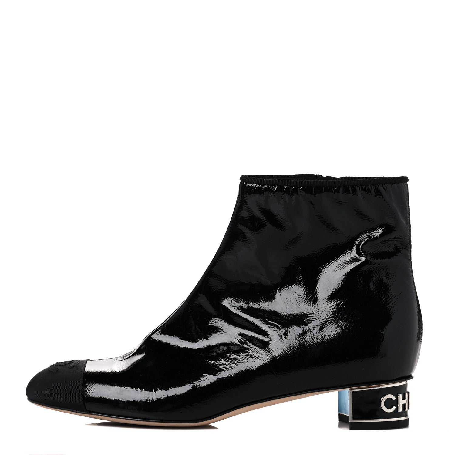 Chanel Patent Goatskin Grosgain Cap Toe Short Ankle Boots 40.5 Black 1 of 9