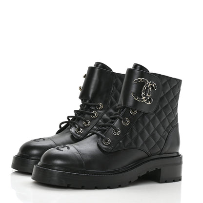 Chanel Shiny Calfskin Quilted Lace Up Combat Boots 40 Black 3 of 8