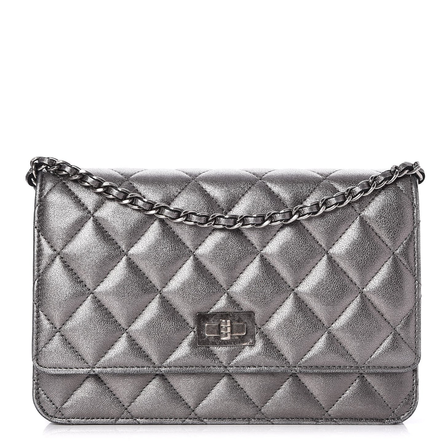 Metallic Lambskin Quilted Reissue Wallet On Chain WOC Dark Silver