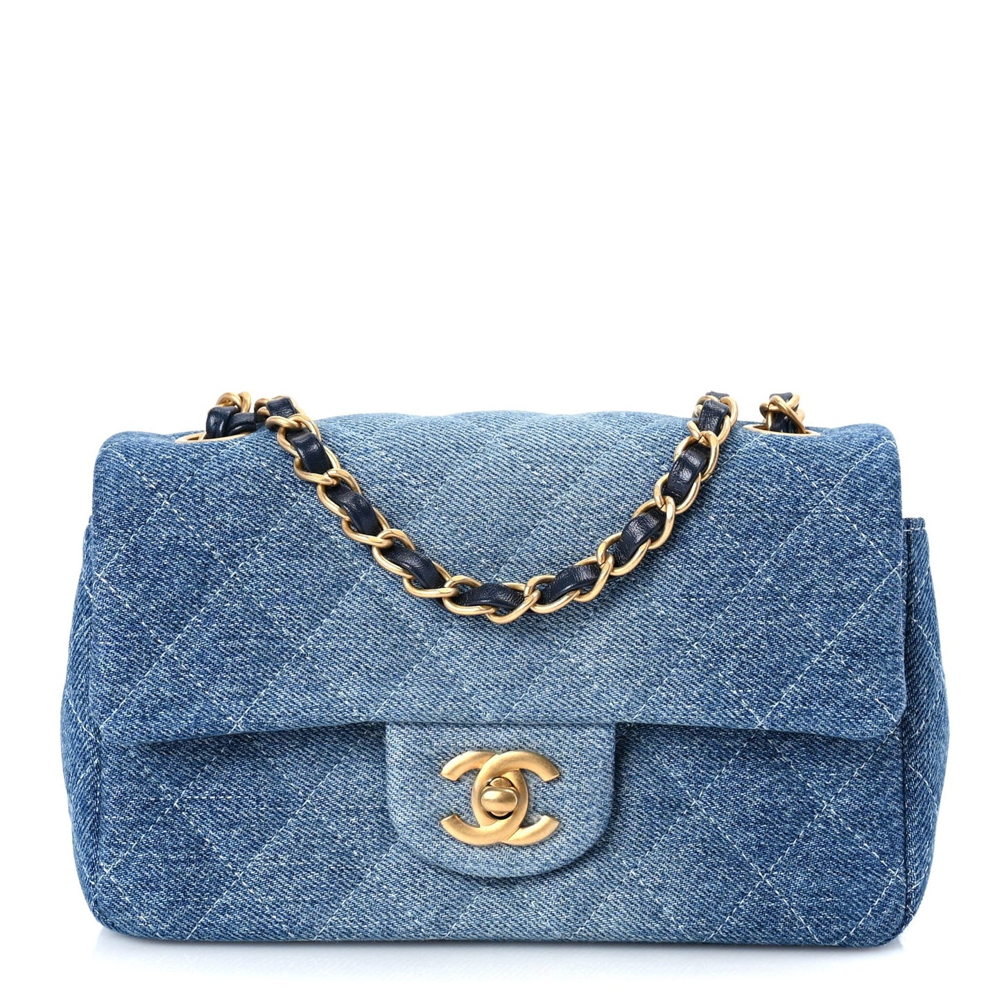 Washed Denim Quilted Mini Rectangular Flap Blue