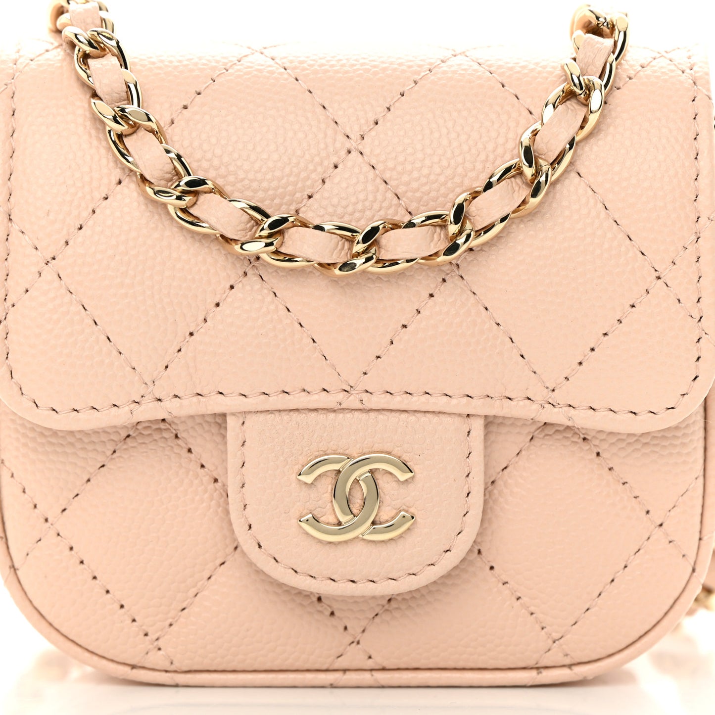 Caviar Quilted Mini Clutch With Chain Light Beige