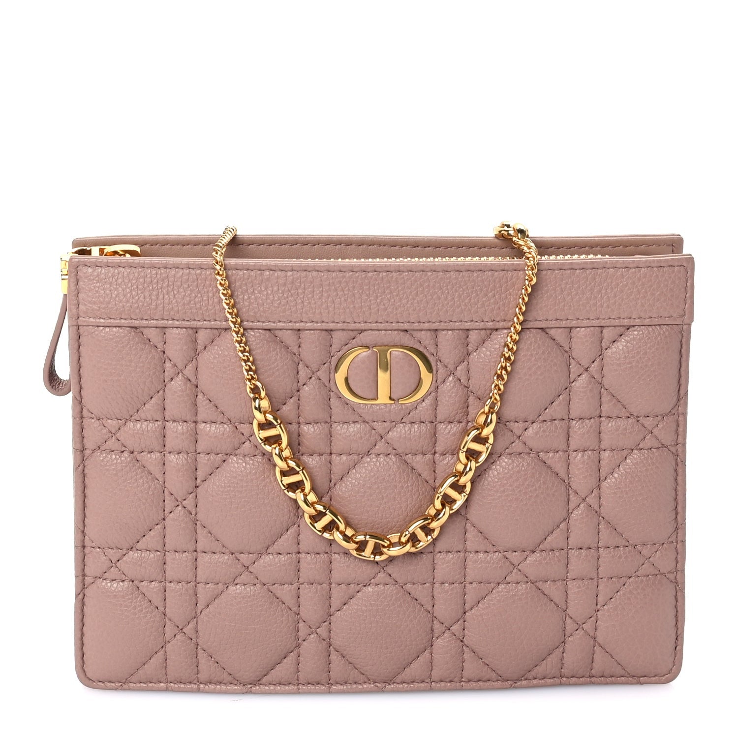 Christian Dior Calfskin Cannage Caro Zipped Pouch With Chain  Rose Des Vents 1 of 8