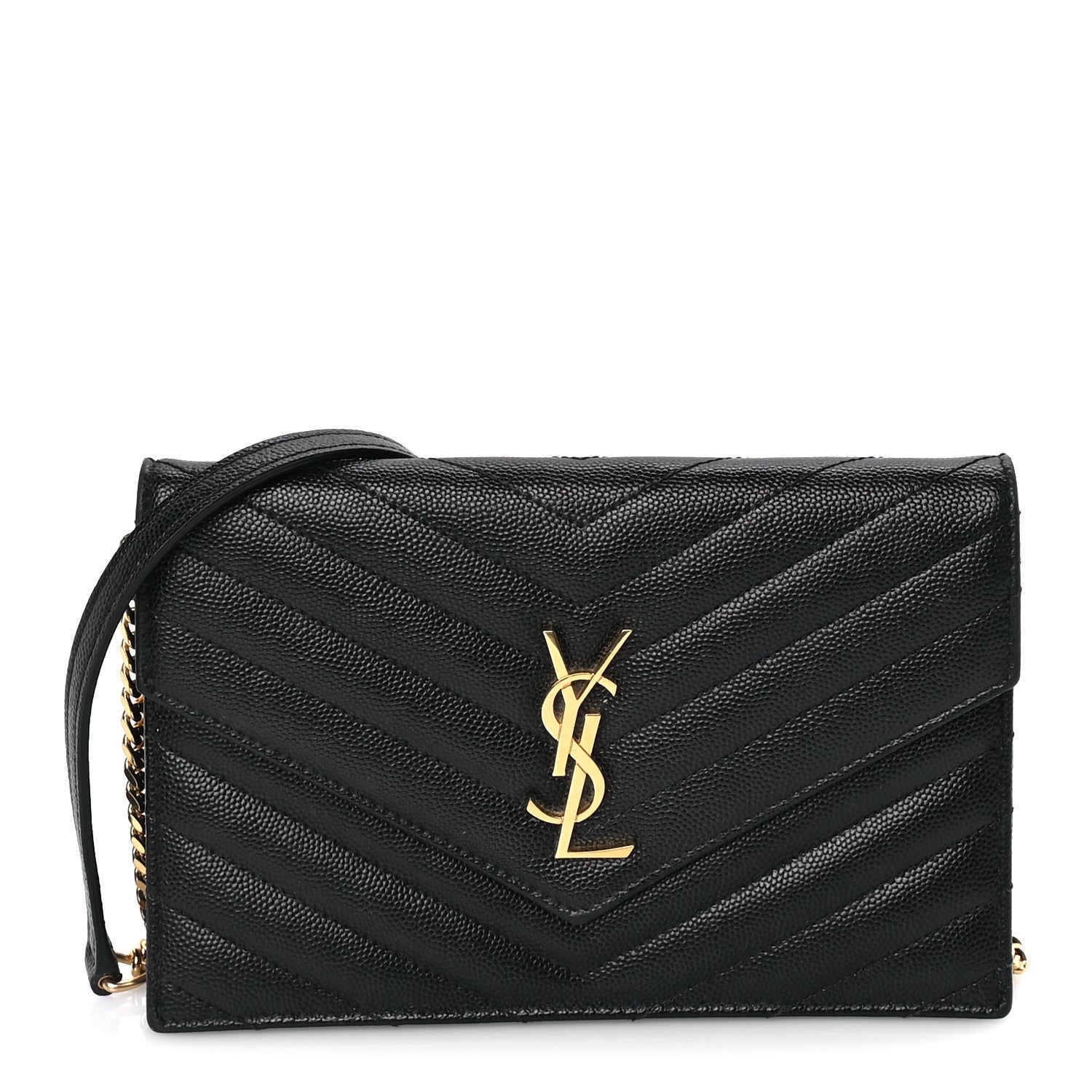 Saint Laurent Grain De Poudre Matelasse Chevron Monogram Envelope Chain Wallet Black 1 of 7