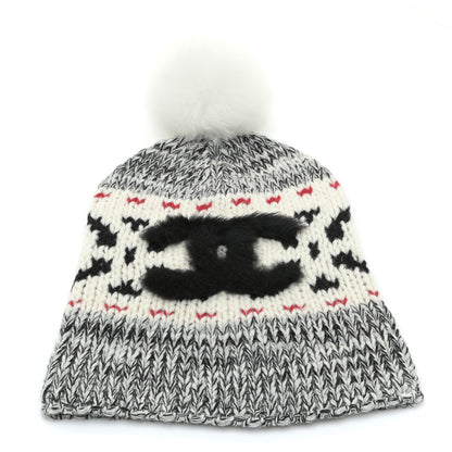 Chanel Wool Shearling CC Beanie Hat Ivory Black Red 1 of 4