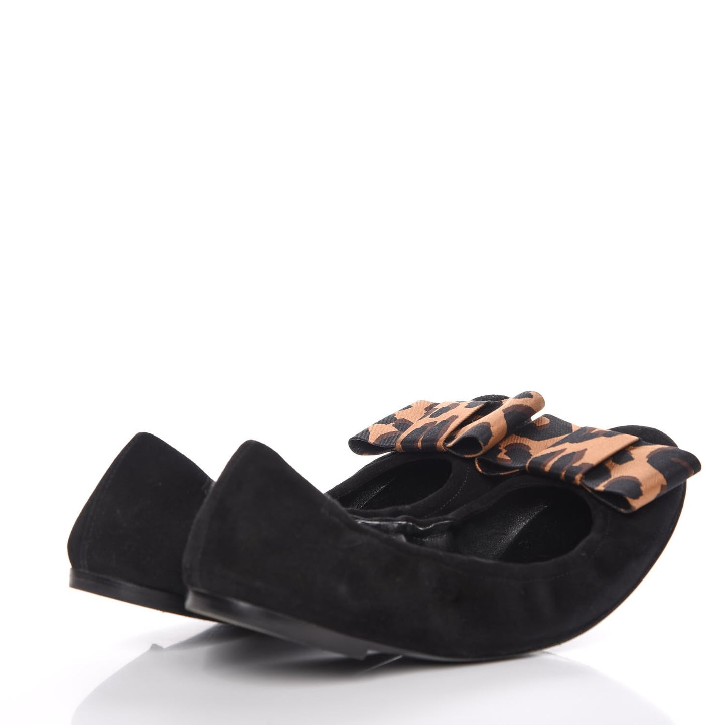 Suede Satin Leopard Mimi Bow Ballerina Flats 38.5 Black