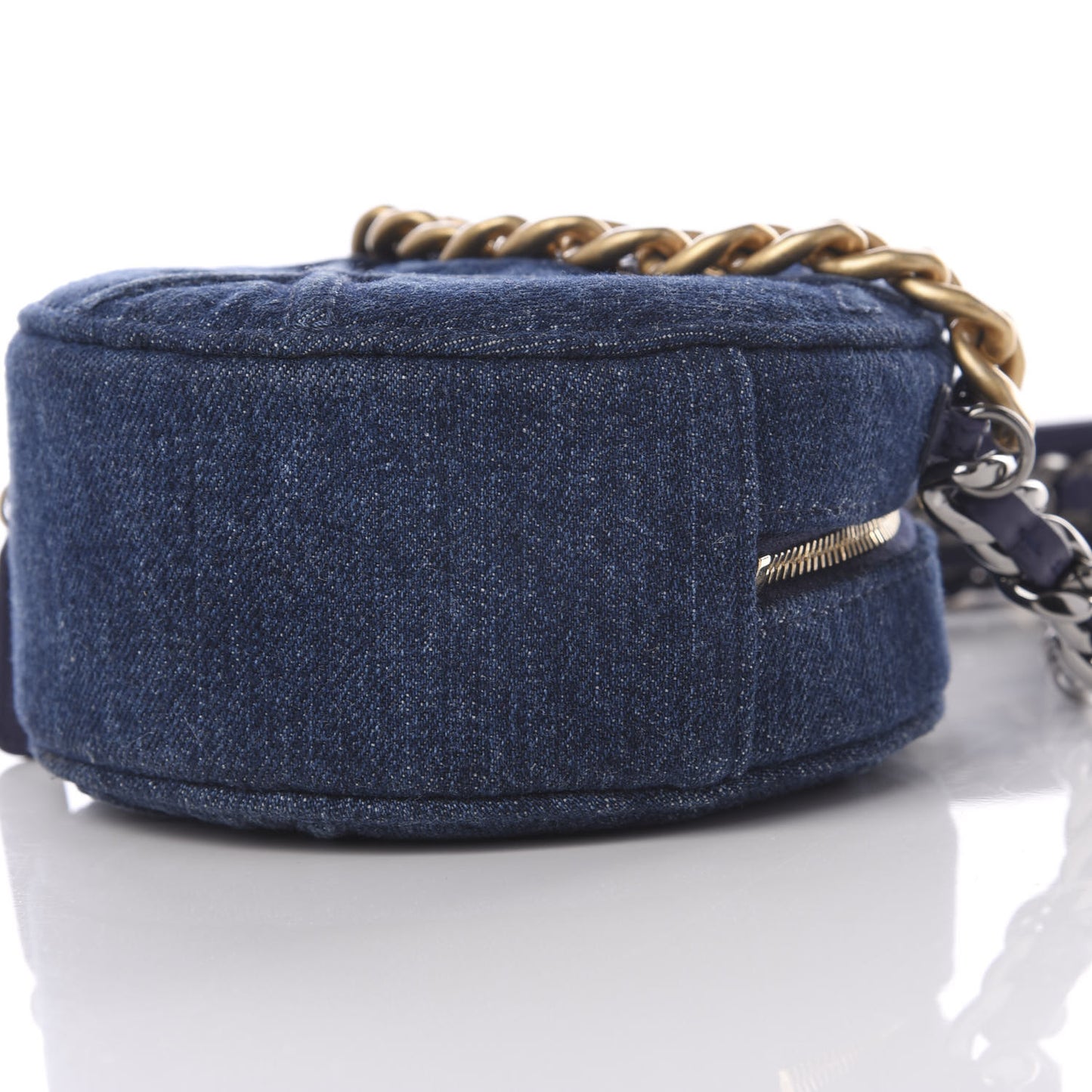 Denim Quilted Chanel 19 Round Clutch With Chain Blue