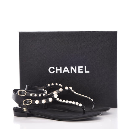 Chanel Lambskin Pearl Thong Sandals 38 Black 24 of 24
