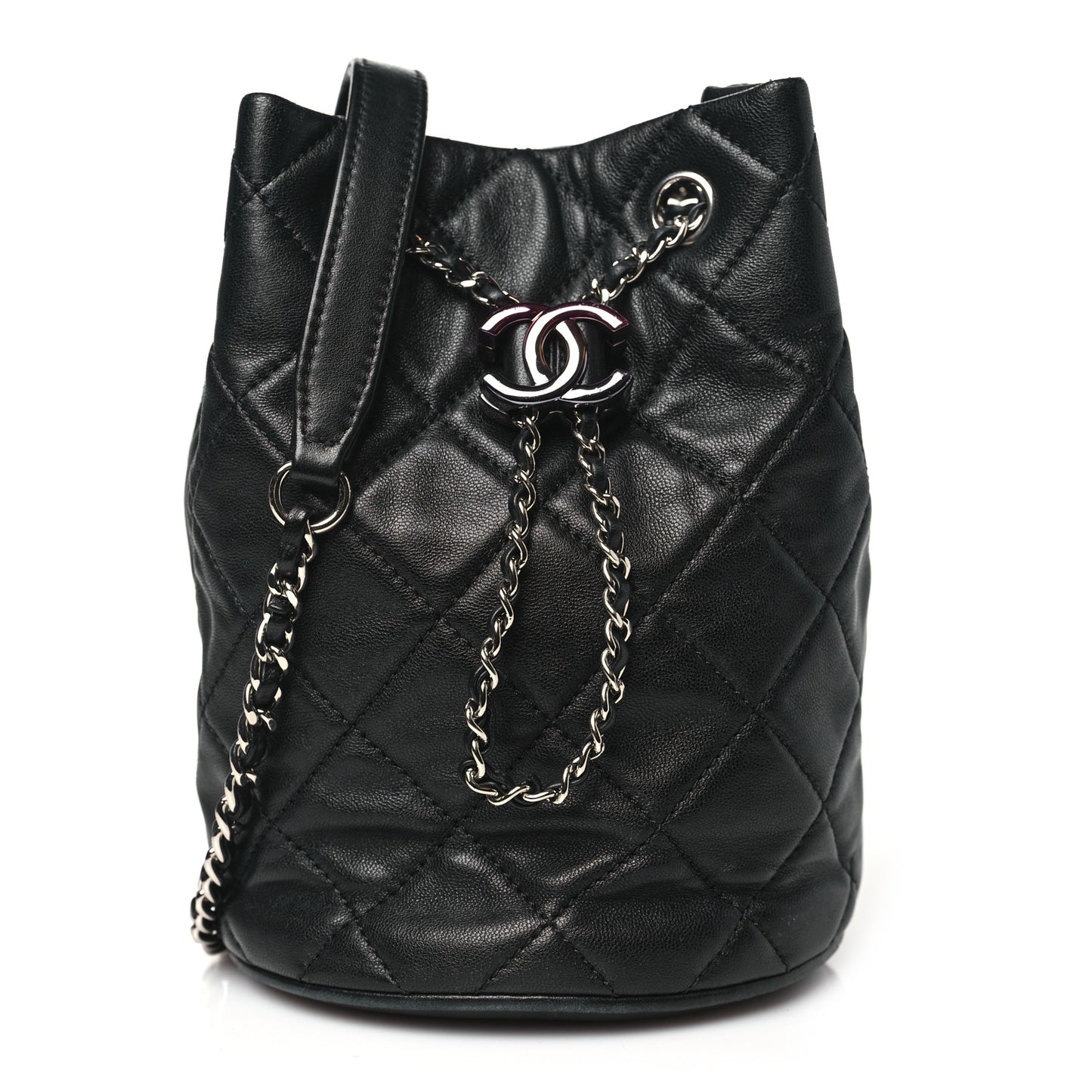 Lambskin Quilted CC Drawstring Bucket Bag Black