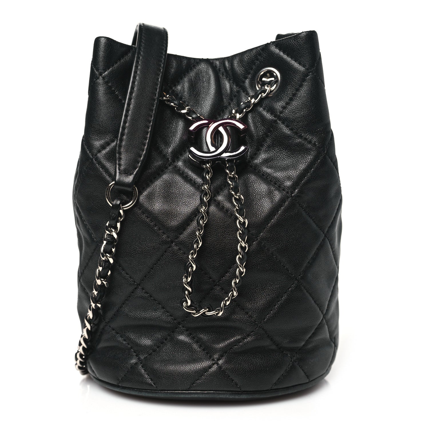 Chanel Lambskin Quilted CC Drawstring Bucket Bag Black 1 of 11