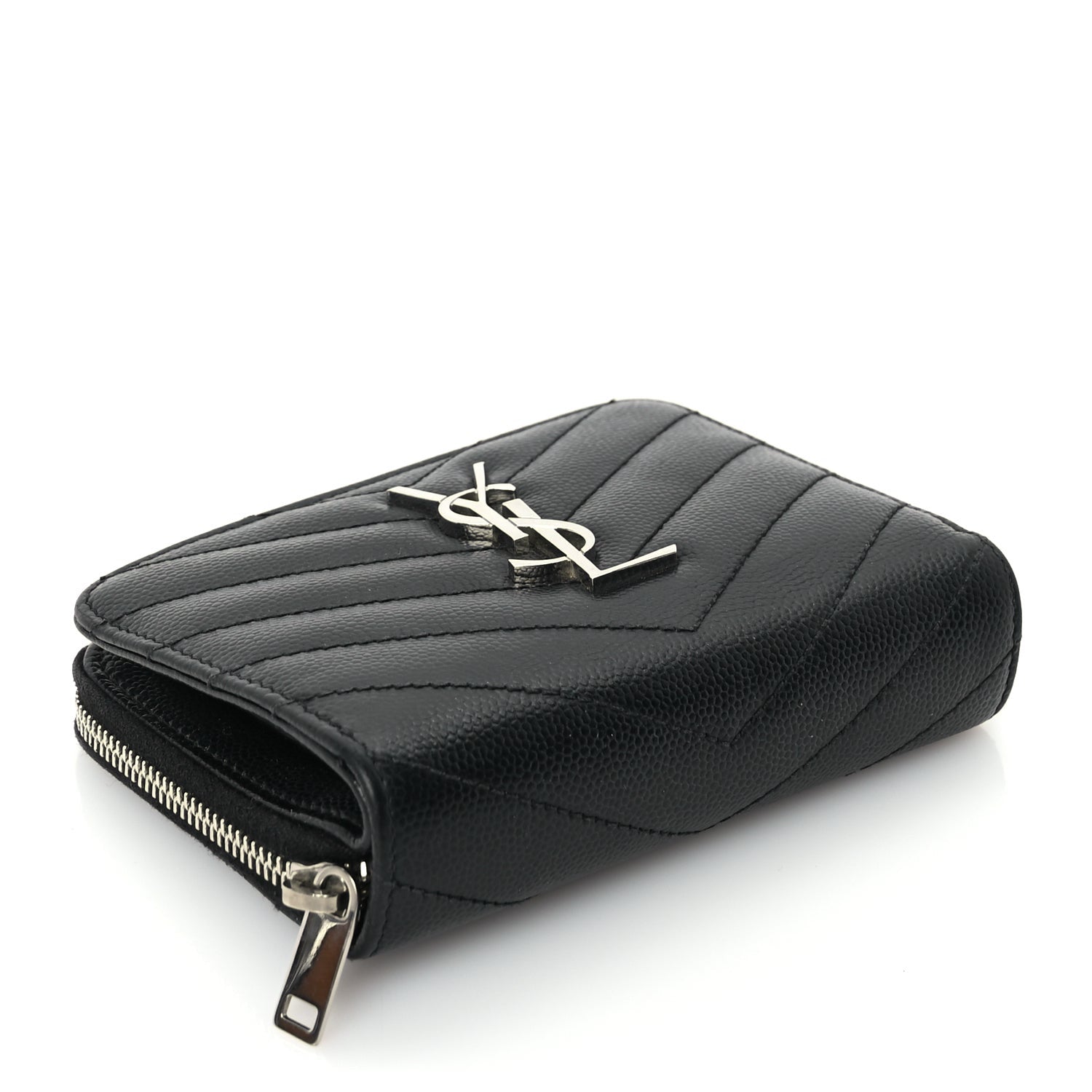 Saint Laurent Grain De Poudre Matelasse Chevron Monogram Compact Zip Around Wallet  Black 4 of 7