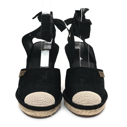 Fendi Canvas FF Embroidered Roma Ankle Wrap Wedge Espadrilles 36 Black 2 of 7