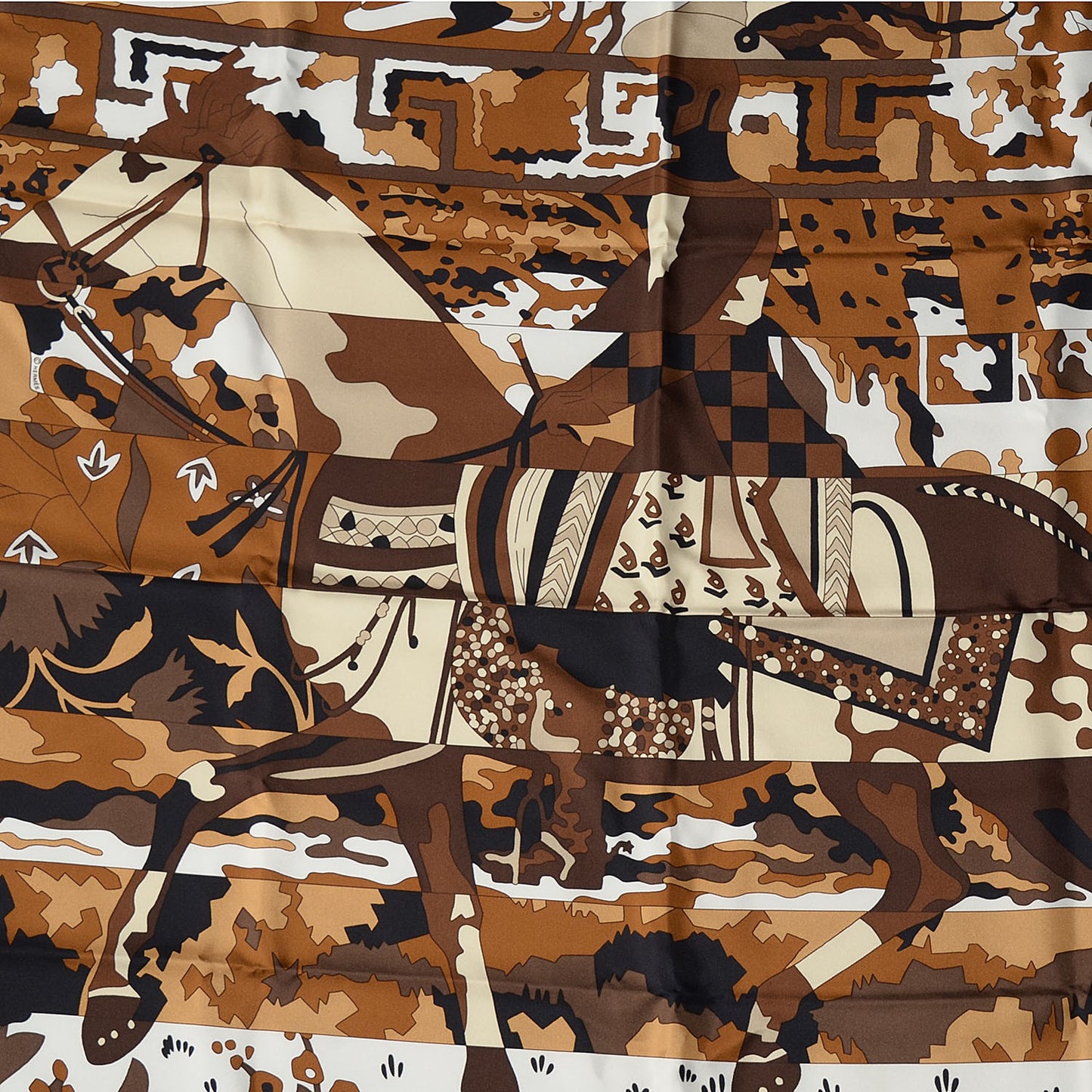 Silk Les Dix Cavaliers Scarf 90 Chocolate Beige Dore Blanc