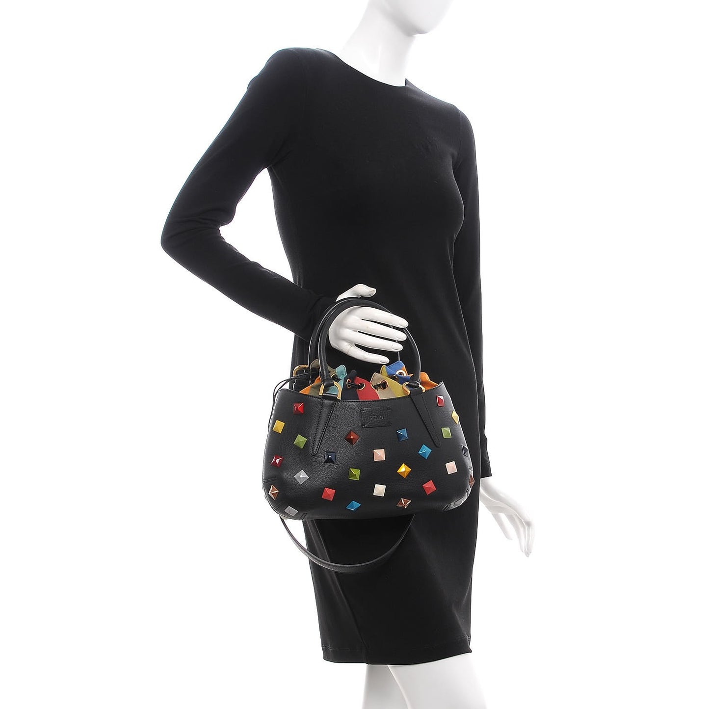 Calfskin Studded Small Drawstring Satchel Black Multicolor