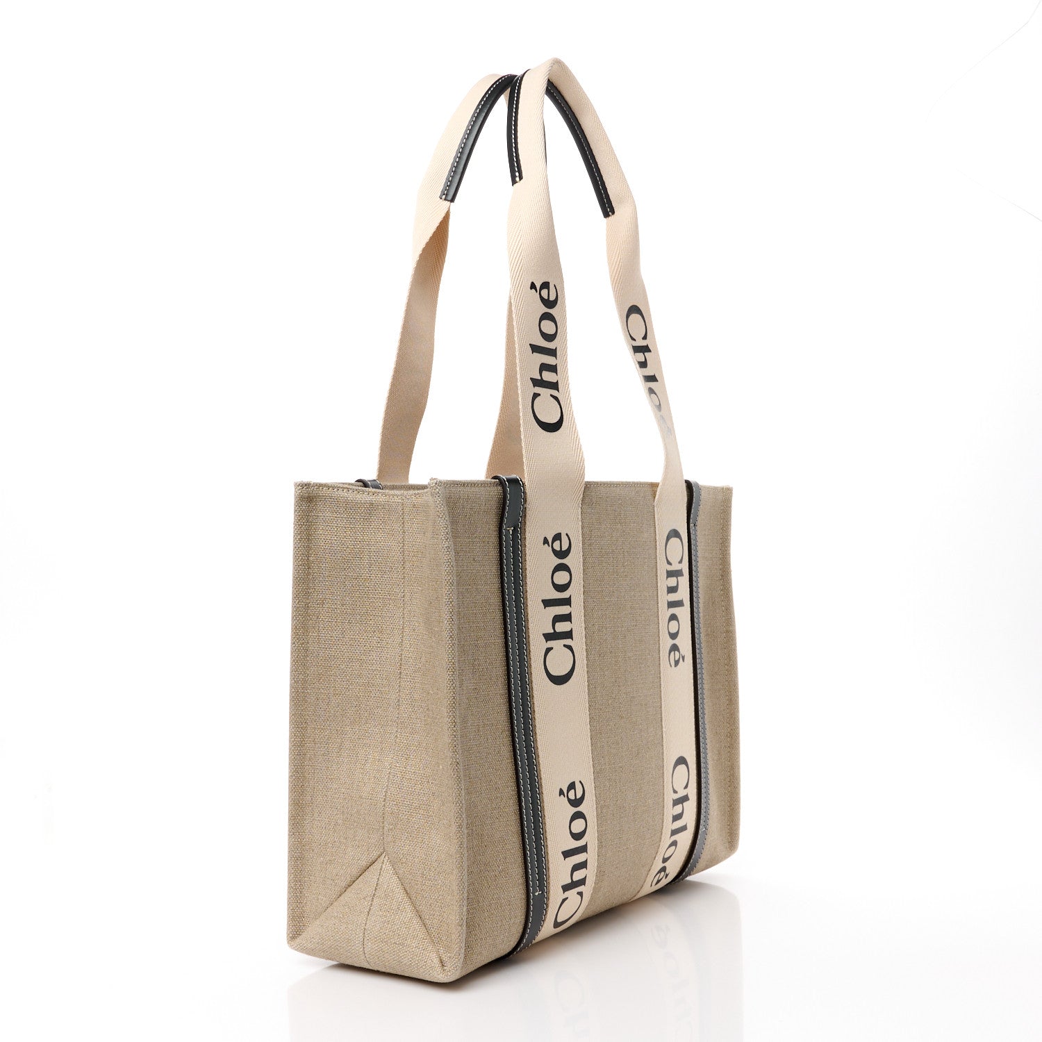 Chloe Linen Calfskin Medium Woody Ribbon Tote White Black 3 of 11