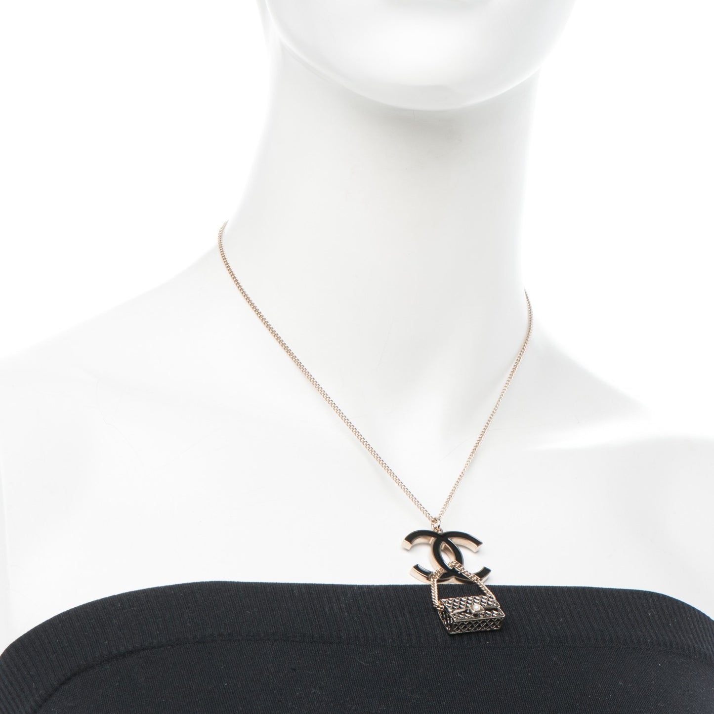 Enamel Pearl CC Flap Pedant Necklace Black