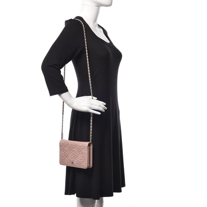 Chanel Goatskin Camellia Embossed Wallet On Chain WOC Light Pink 2 of 11