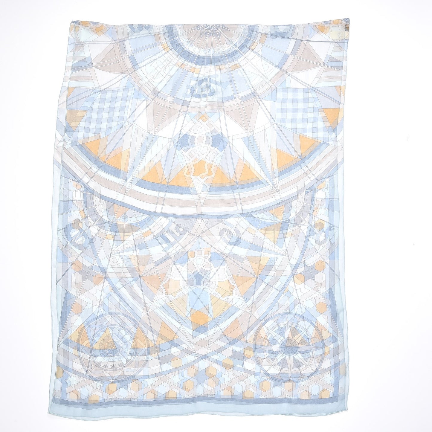 Mousseline Silk Rose De Compas Stole Scarf Bleu Glacier Beige Gris