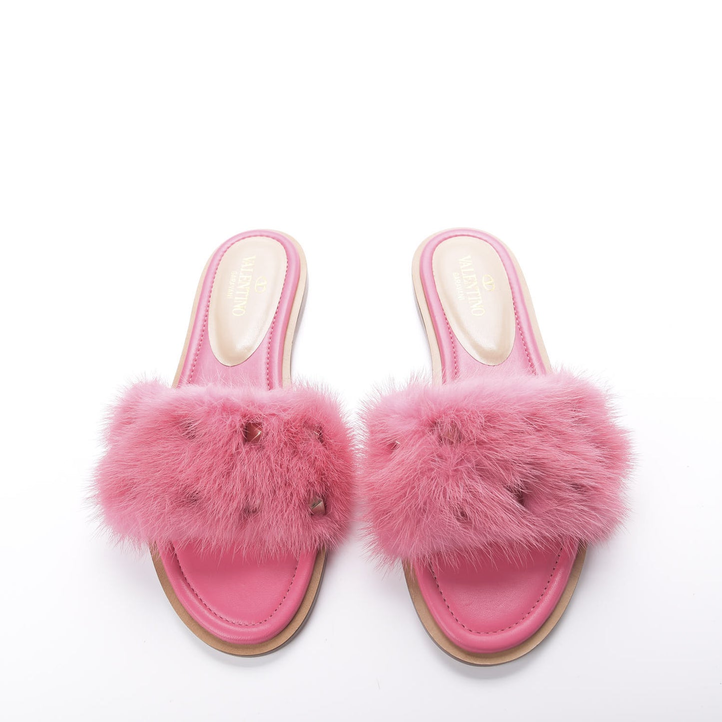 Mink Fur Rockstud Flat Slide Sandals 37 Shadow Pink