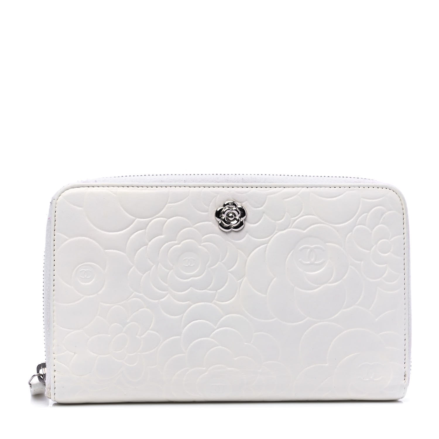 Chanel Lambskin Camellia Embossed Zip Around Organizer Wallet Off White 1 of 7