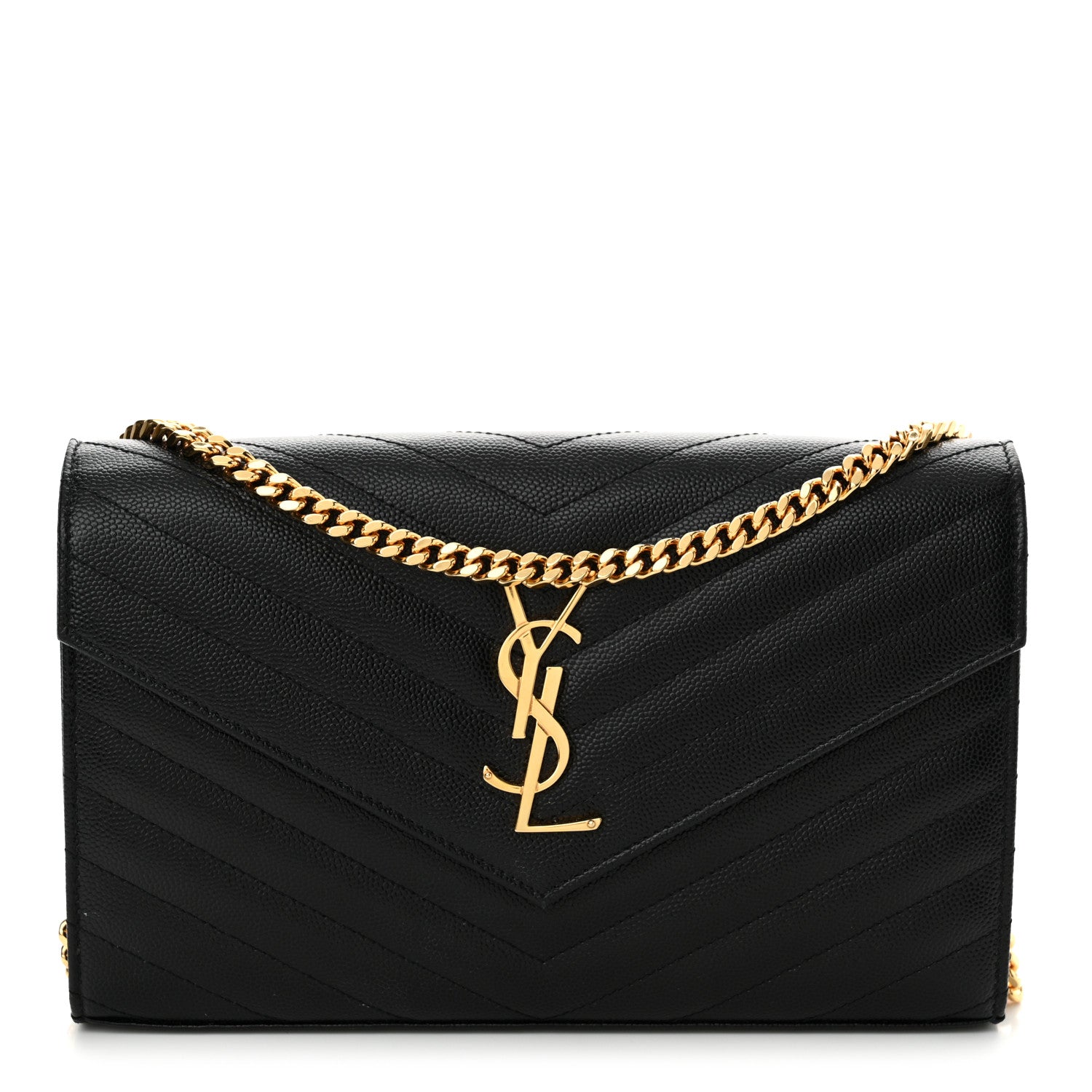 Saint Laurent Grain De Poudre Matelasse Chevron Monogram Chain Wallet Black 1 of 12