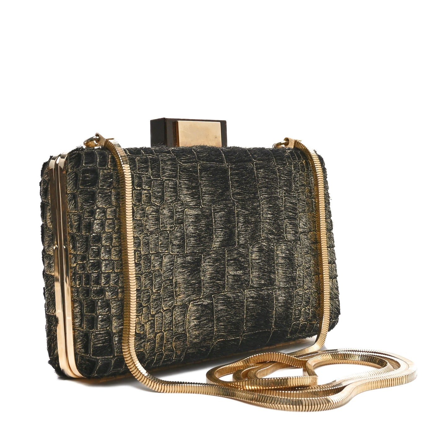 Ponyhair Crocodile Print Clutch Black Gold