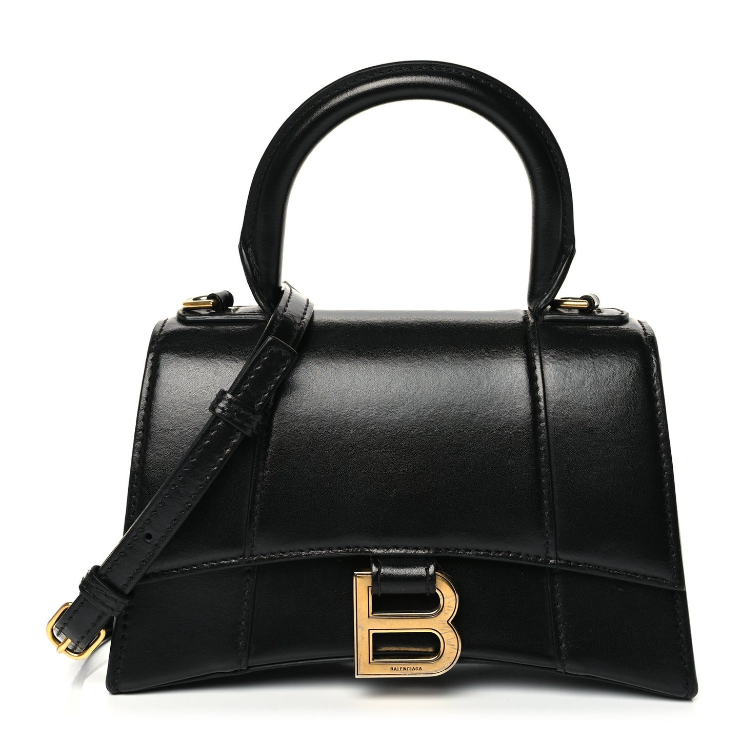 Shiny Box Calfskin Hourglass Top Handle Bag XS Black