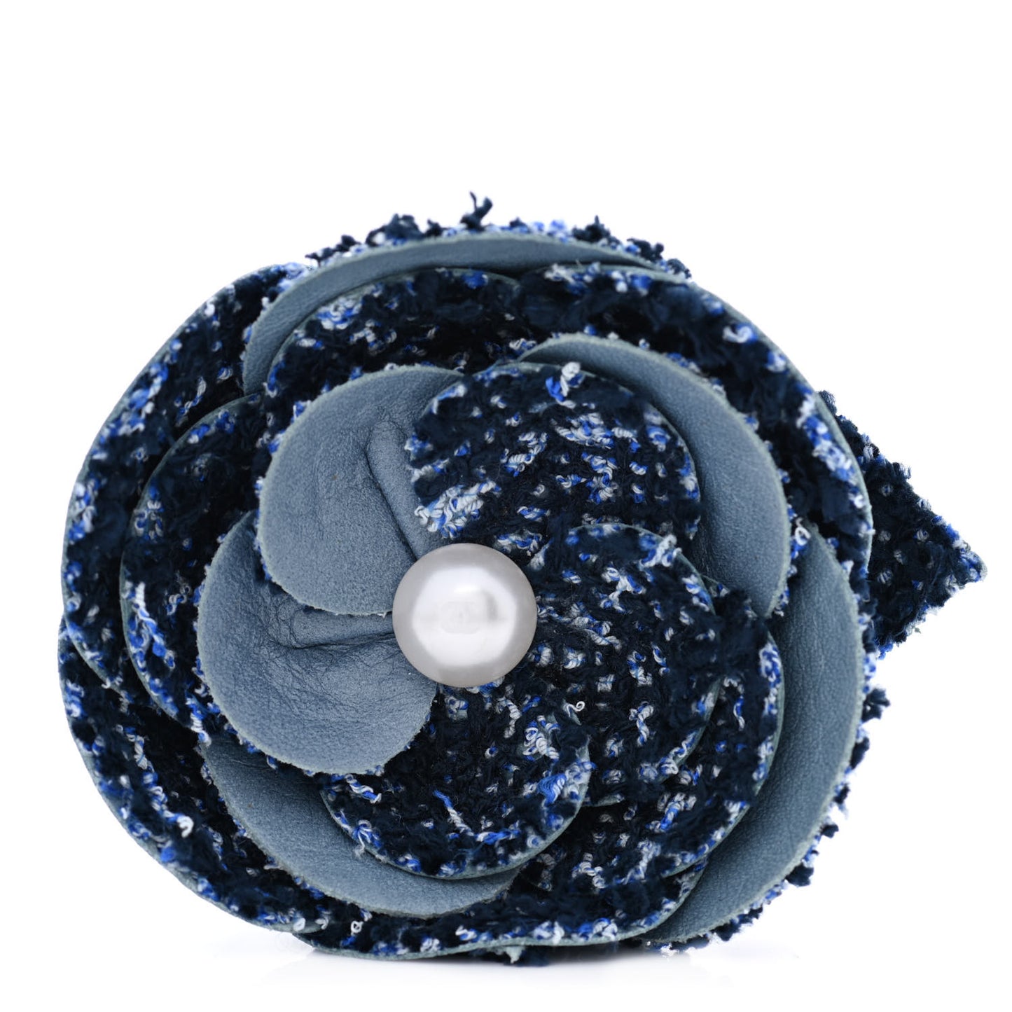 Tweed Lambskin Camellia Pearl Brooch Navy Black White