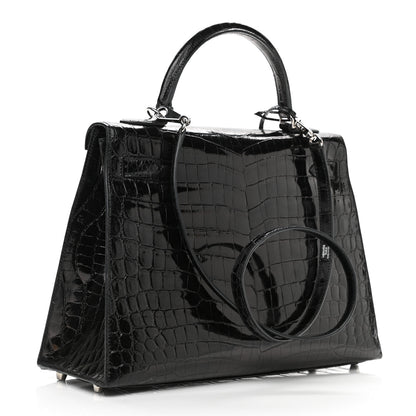 Hermes Shiny Niloticus Crocodile Kelly Sellier 32 Black 3 of 12