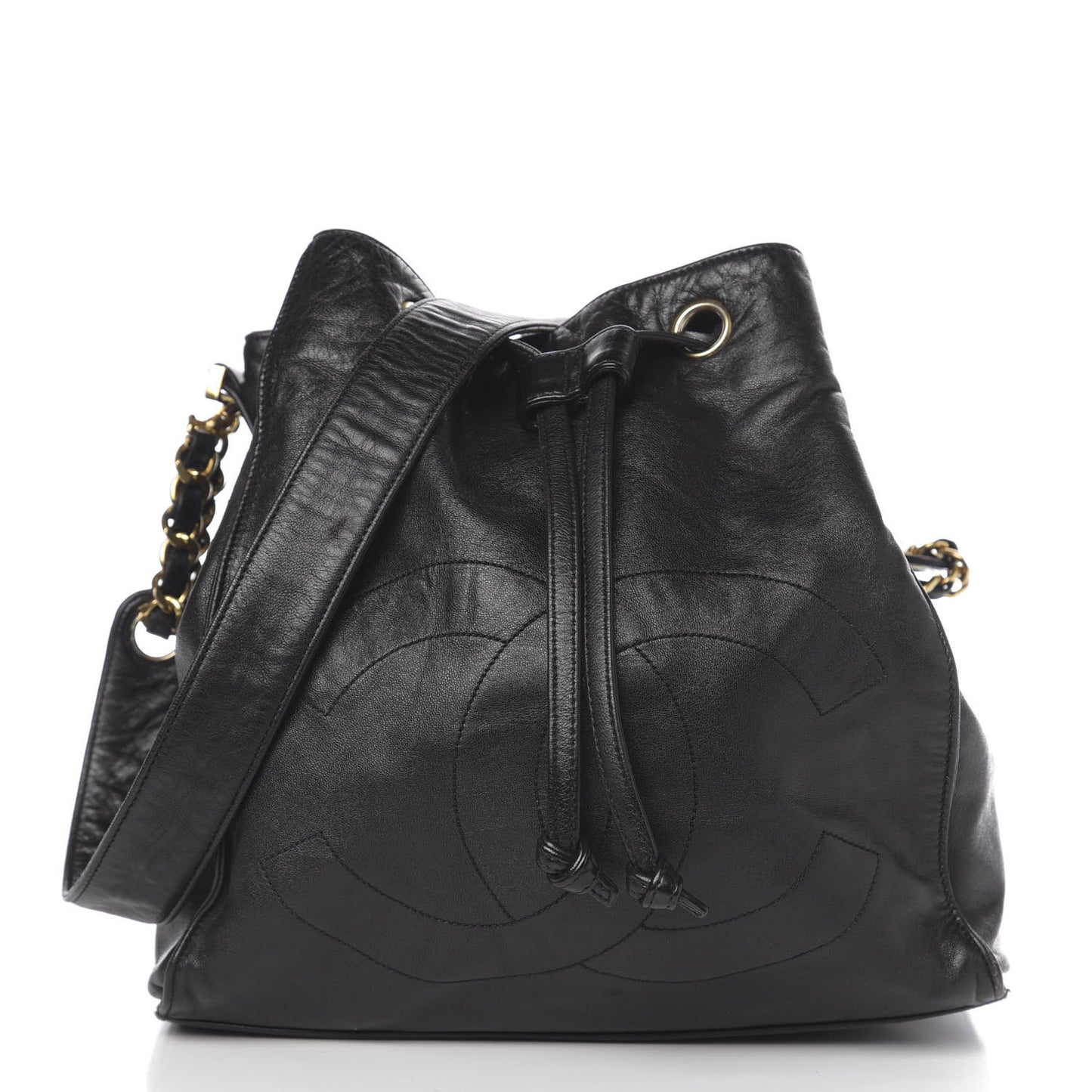 Lambskin CC Stitched Drawstring Bucket Bag Black