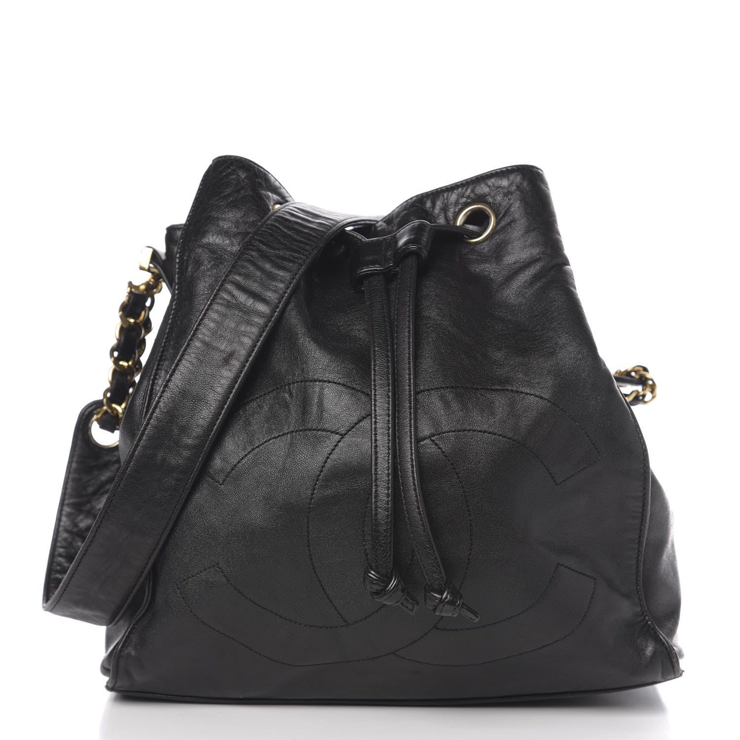 Chanel Lambskin CC Stitched Drawstring Bucket Bag Black 2 of 13