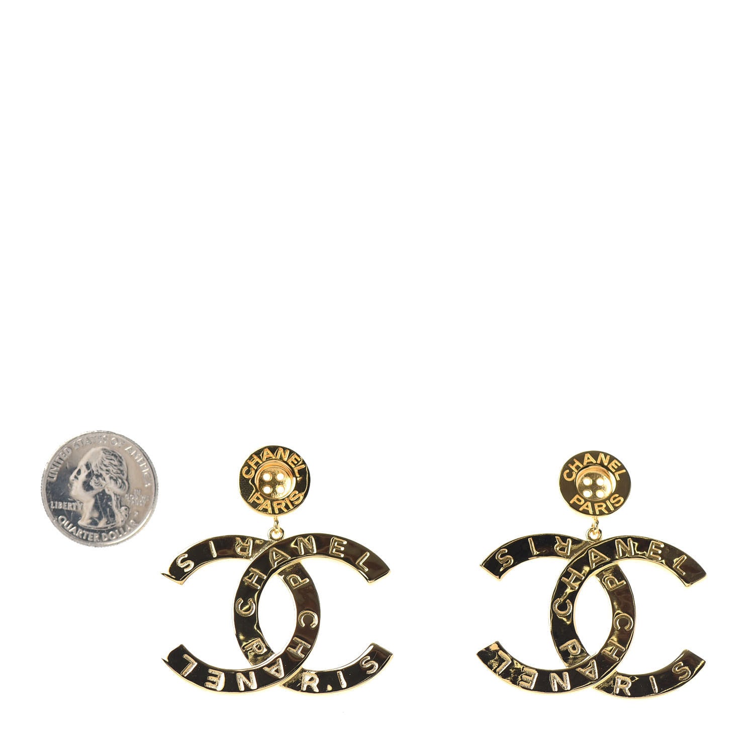 Chanel Metal Large Paris Button Earrings Gold 2 of 4