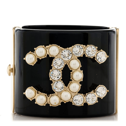 Chanel Resin Crystal Pearl Dazzling Domino CC Cuff Bracelet Black 1 of 5