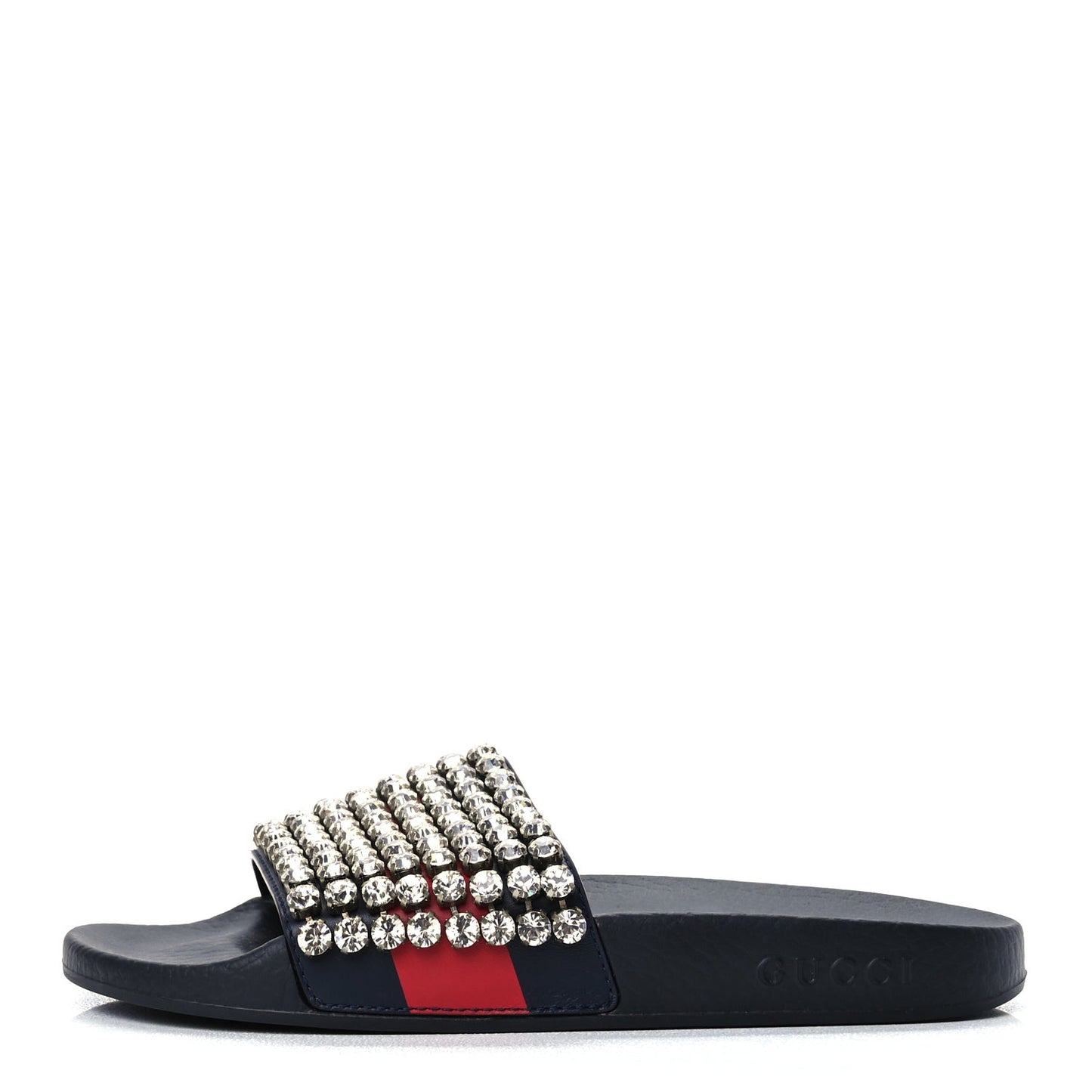 Calfskin Crystal Embellished Web Slide Sandals 38 Blue Red