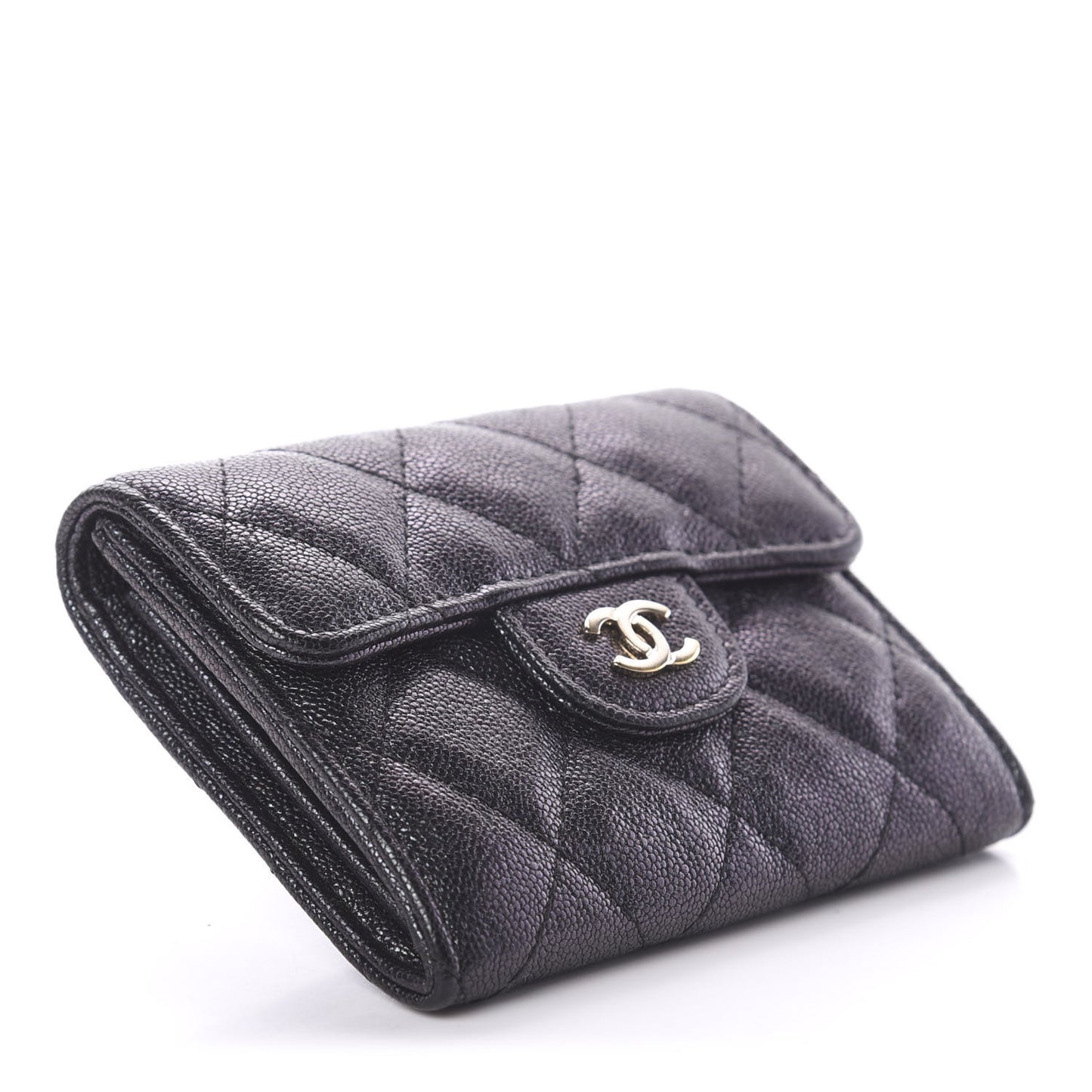 Iridescent Caviar Quilted Flap Card Holder Wallet Black
