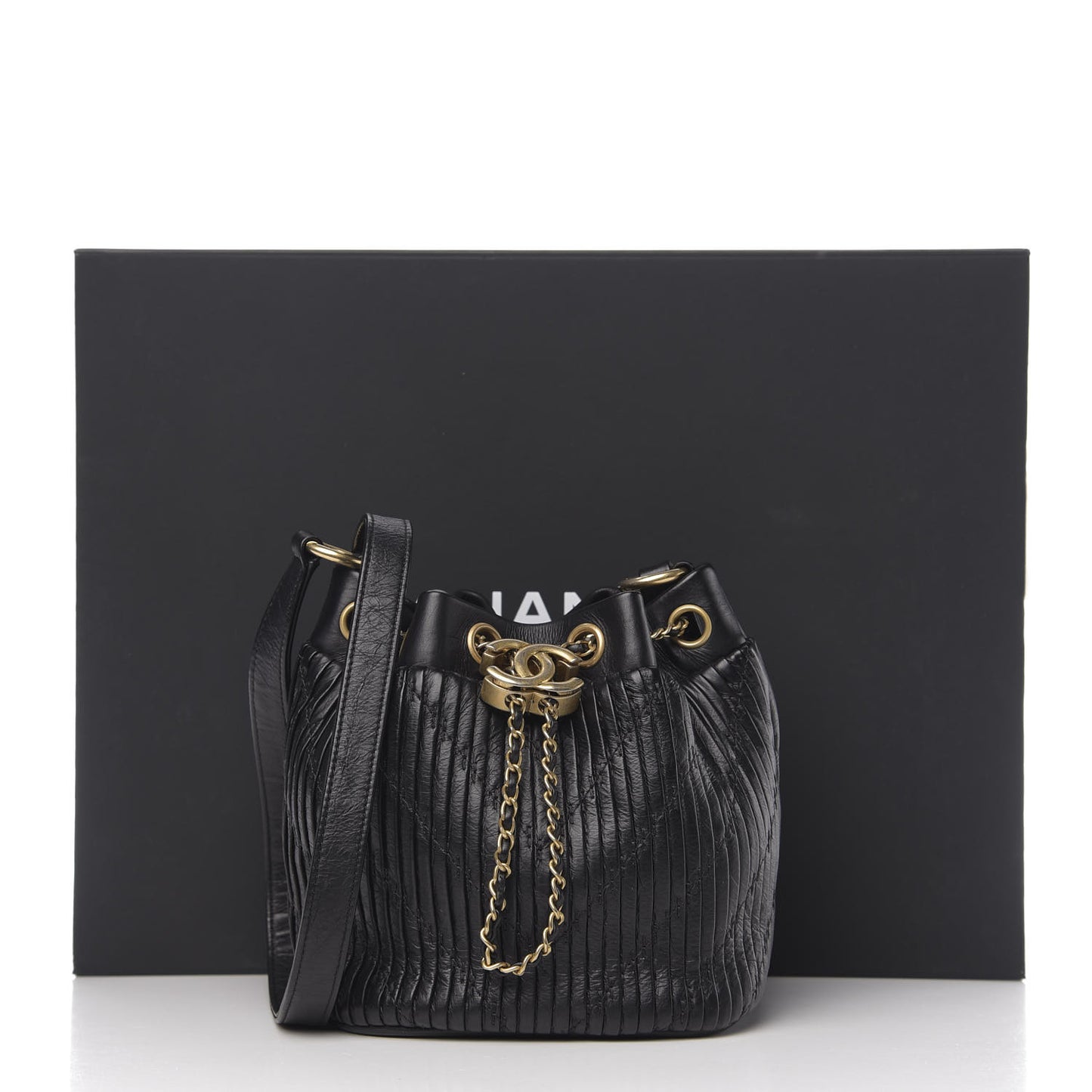 Iridescent Crumpled Calfskin Coco Pleats Small Drawstring Bag Black