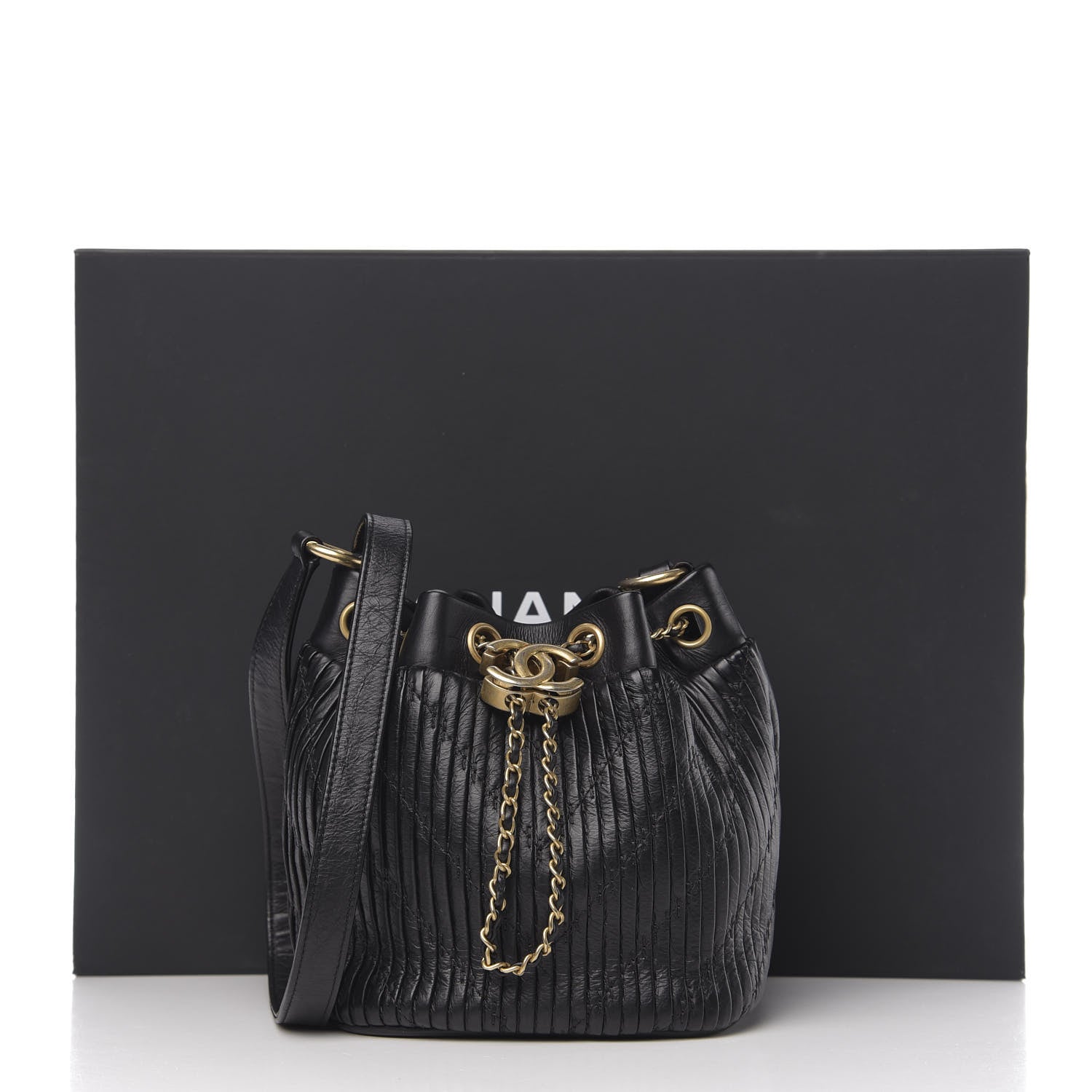 Chanel Iridescent Crumpled Calfskin Coco Pleats Small Drawstring Bag Black 10 of 10