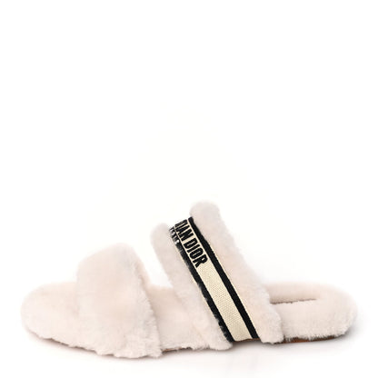 Christian Dior Shearling Canvas Embroidered Chez Moi Strap Slide Sandal 37 Off White Black 1 of 9