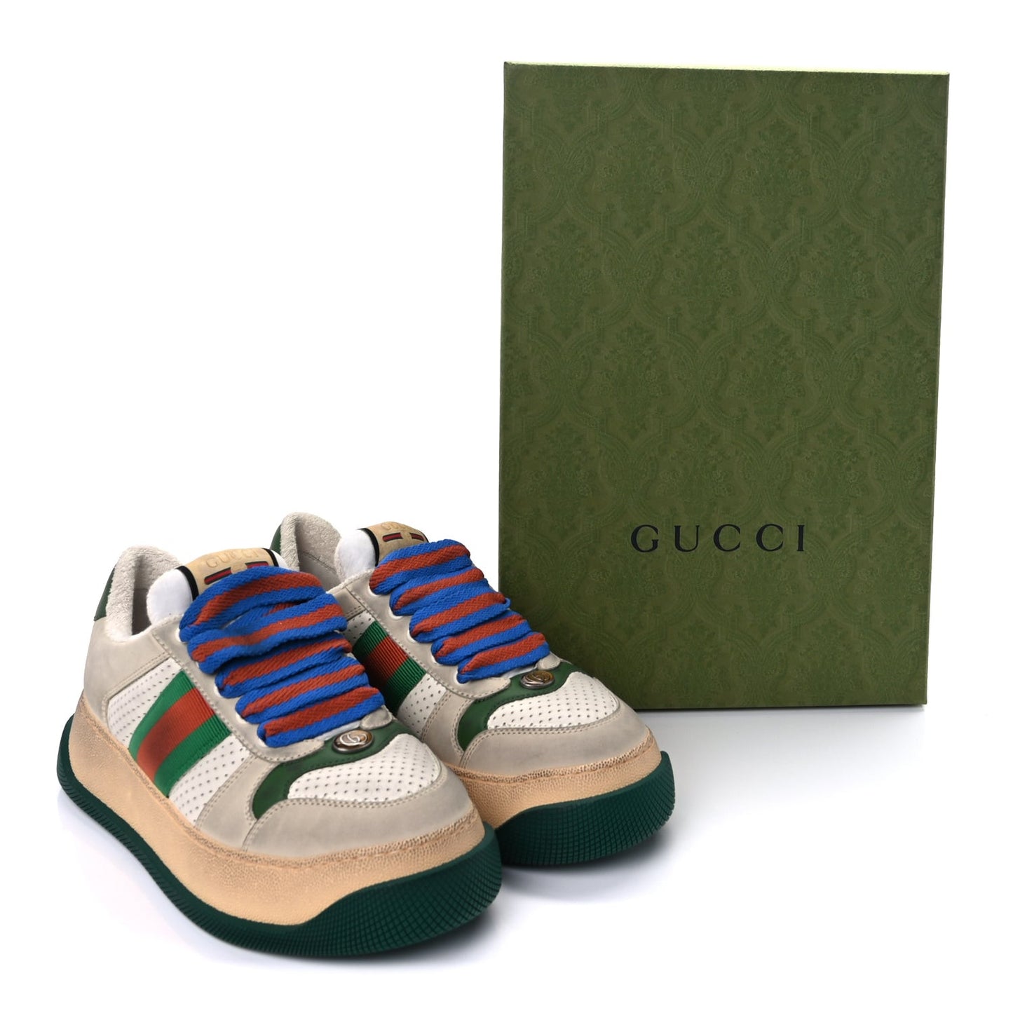 Calfskin Web Womens Double Screener Sneakers 38  White Green Blue