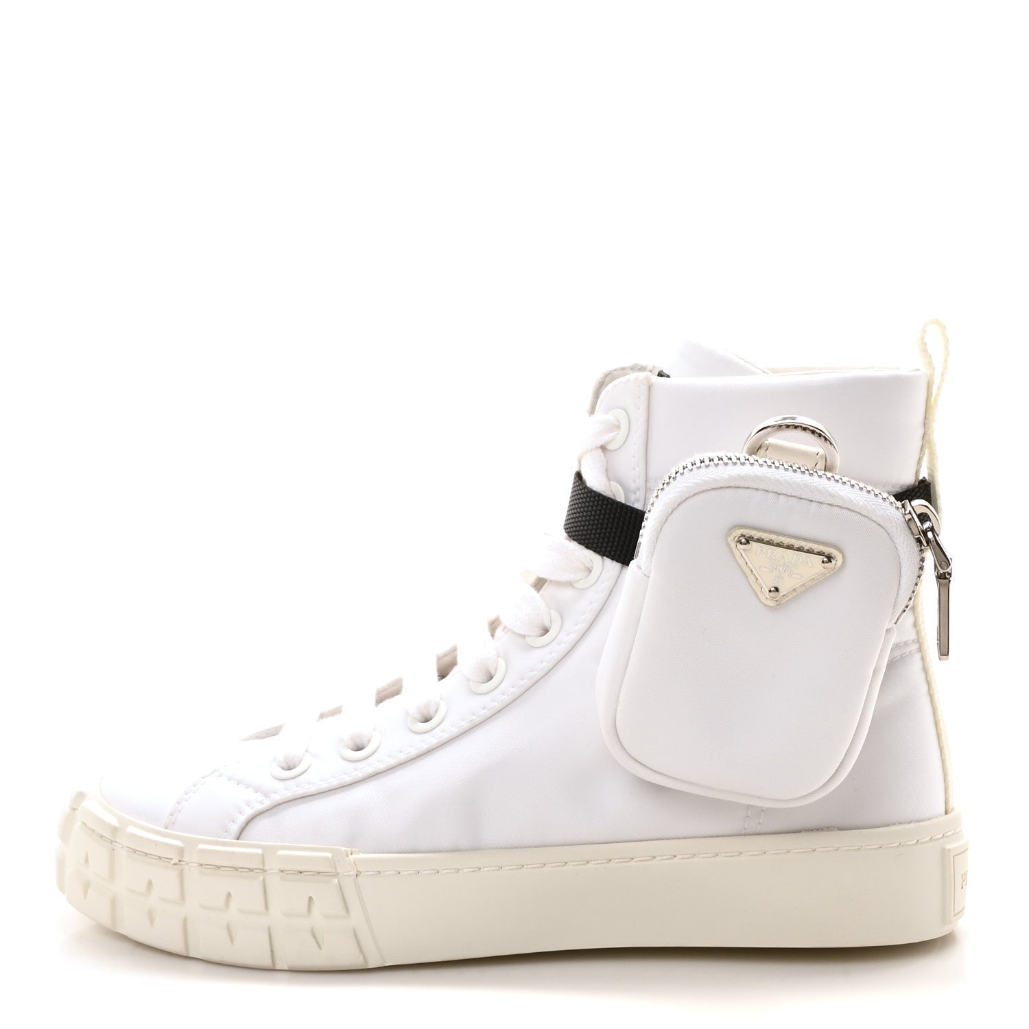 Prada Re-Nylon Gabardine Metal Triangle Logo Wheel Pouch Pocket High Top Sneakers 35.5 White 1 of 7